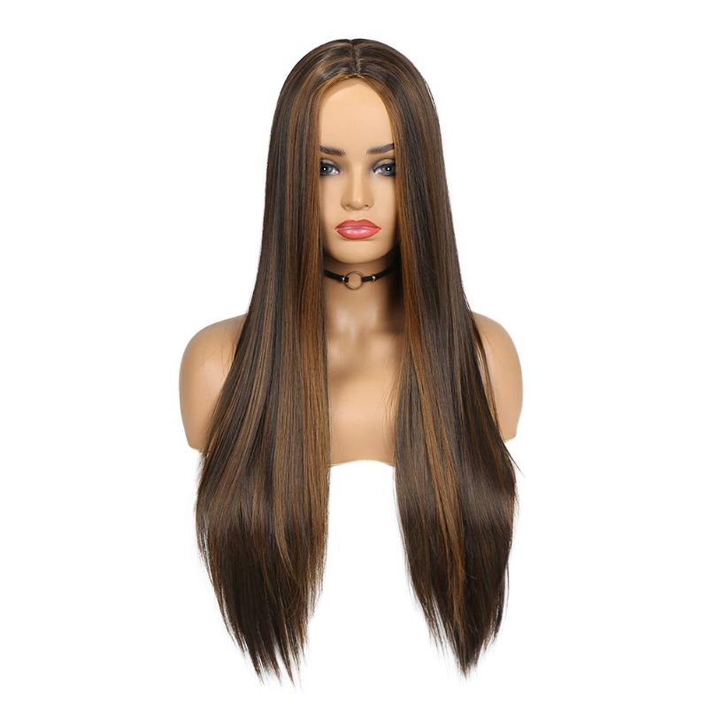 Photo 1 of Lady Hanne Long Straight Highlights Wig Synthetic Wigs Middle Part Brown Highlights Hair Wigs Natural Looking Heat Resistant Fiber Daily Cosplay Party for Women
