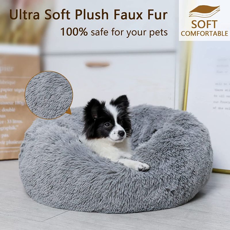 Photo 2 of 23'' Plush Calming Dog Bed Anti-Anxiety Donut Cuddler Machine Washable Anti-Slip Pet Bed with Waterproof Bottom Faux Fur Dog Bed Cat Bed for Small Dogs Cats