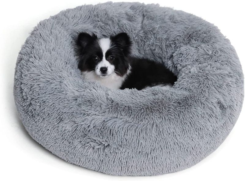 Photo 1 of 23'' Plush Calming Dog Bed Anti-Anxiety Donut Cuddler Machine Washable Anti-Slip Pet Bed with Waterproof Bottom Faux Fur Dog Bed Cat Bed for Small Dogs Cats