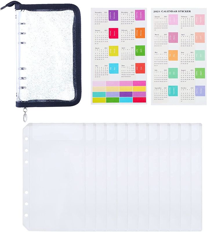 Photo 1 of HAUTOCO 12PCS A6 Binder Pockets A6 PVC Zipper Binder Wallet with Calendar Stickers, Loose Leaf Bags 6 Ring Cash Budget Binder Envelopes Wallet System
