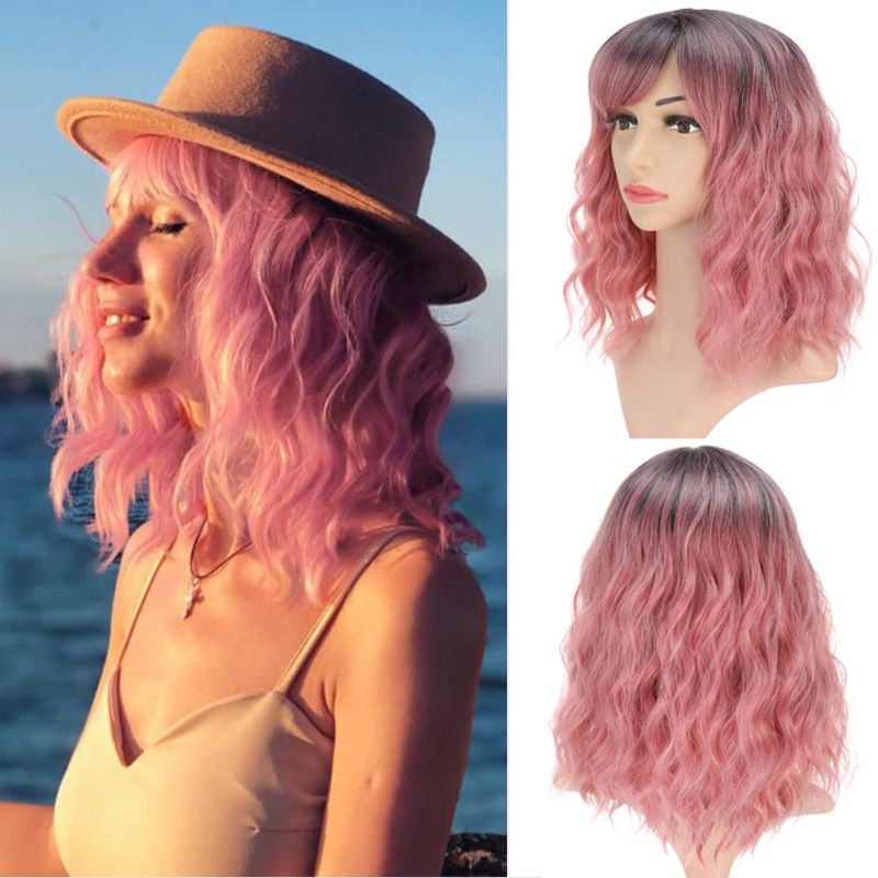 Photo 1 of Colorful Wigs Pastel Wavy Pink Wig 14 inch Soulder Length Short Bob Wig Heat Resistant Synthetic Cosplay Wig for Women 180 Denisty. Brown in Pink