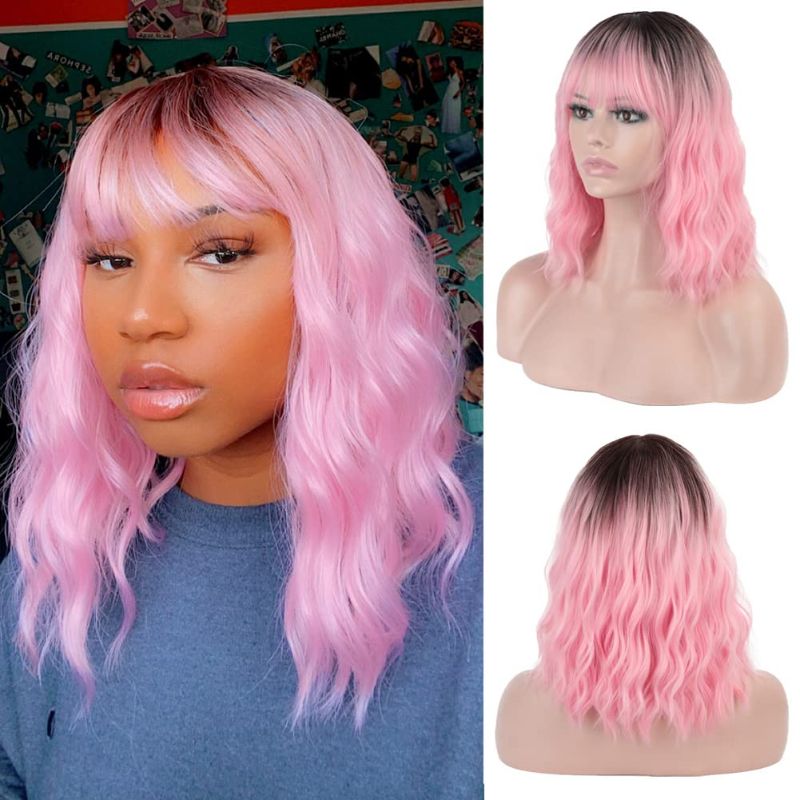 Photo 1 of ZZHCP Short Pink Wig with Bangs for Women Curly Bob Wig Shoulder Length Synthetic Wig Heat Resistant Pastel Wave Daily Party Cosplay Brown to Pink (14" Brown to Pink)
