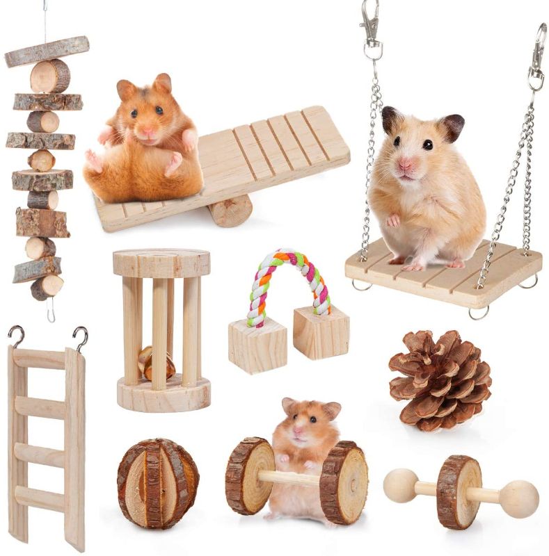 Photo 1 of Dono Hamster Guinea Pig Toys - Natural Wooden Play Toy Exercise Bell Roller Teeth Care Molar Toy for Guinea Pig Chinchilla Hamster Parrot Bunny Fun Pet Balls Small Pets Play Toy
