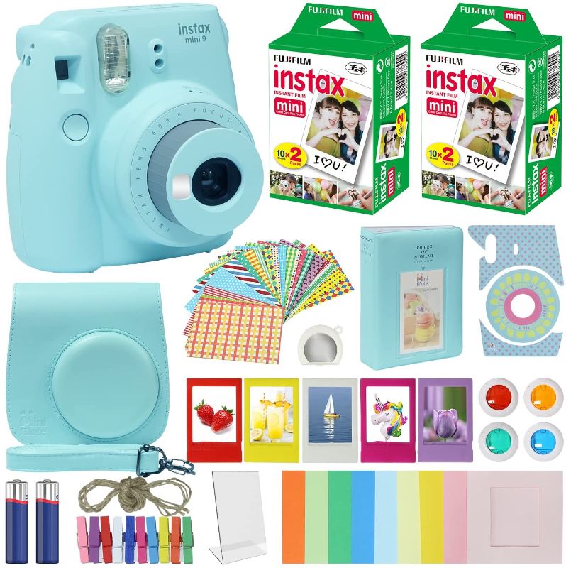 Photo 1 of Fuji Instax Mini 9 Instant Camera ICE Blue w/Case + Fuji Instax Film Value Pack (40 Sheets) for Fujifilm Instax Mini 9 Camera + Accessories, Color Filters, Photo Album, Selfie Lens + More

