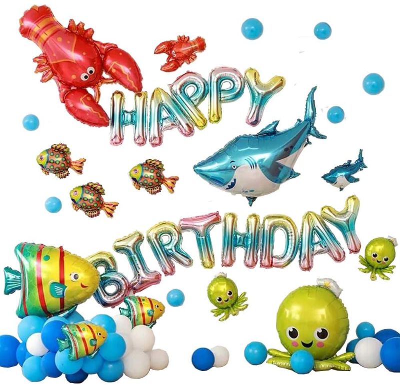 Photo 1 of Happy birthday balloons: Composed of aluminum foil balloons in the shape of sea animals and blue and white latex balloons; suitable for all-aged birthday party decoration, full of childlike fun.
