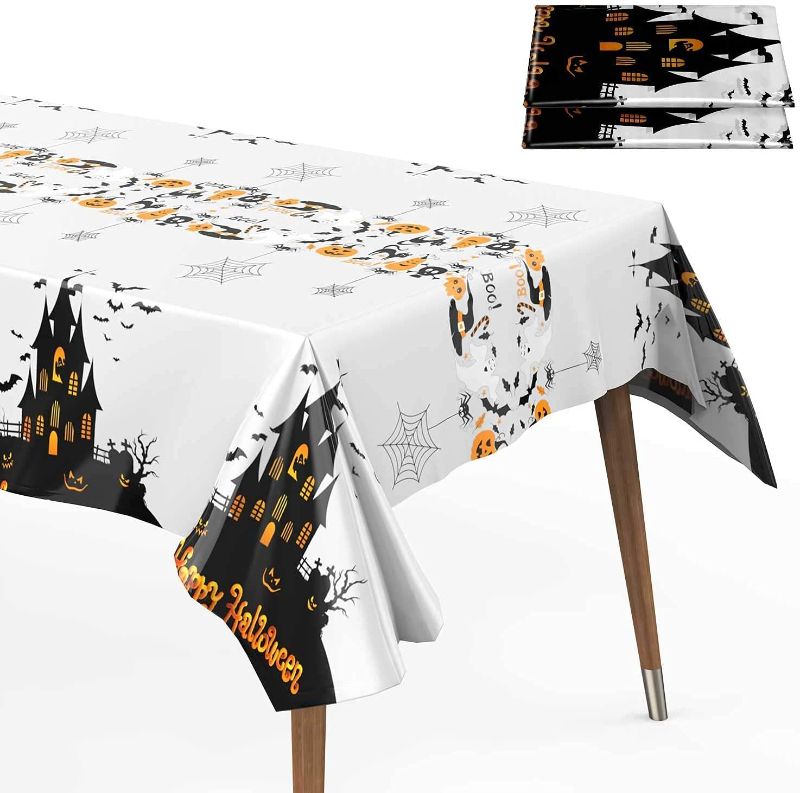 Photo 1 of 2 PACK Halloween Haunted Tablecloth 2 Packs 52 x 109 inches Rectangle Halloween Table Covers Premium Plastic Halloween Disposable Tablecloth for Halloween Party Decorations