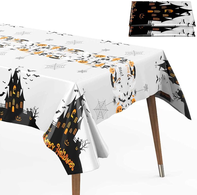 Photo 1 of 2 PACK Halloween Haunted Tablecloth 2 Packs 52 x 109 inches Rectangle Halloween Table Covers Premium Plastic Halloween Disposable Tablecloth for Halloween Party Decorations
