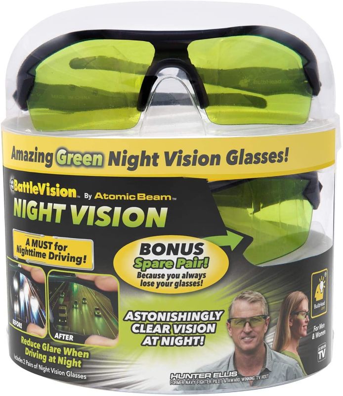 Photo 1 of As Seen On TV BattleVision Night Vision Glasses 2 Pairs by BulbHead - Amazing Night Driving Glasses Protect Eyes From Blinding Headlight Glare - Green Lenses Enhance Clarity - Flexible Frames