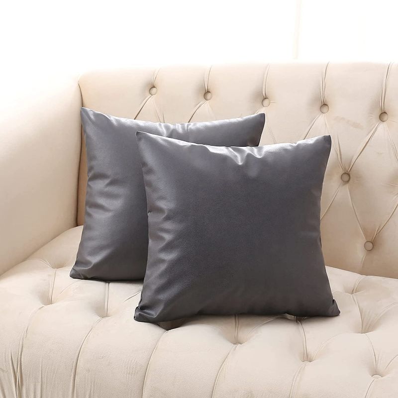 Photo 1 of 2 SETS OF 2 Volcanics Faux Leather Throw Pillow Covers 18 x 18 Inches Set of 2 Dark Grey Modern Solid Decorative Square Pillow Cover Case Cushion Pillowcase for Home Decor Sofa Bedroom
