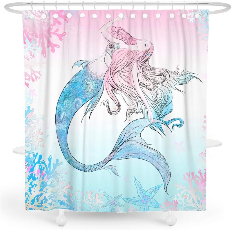 Photo 1 of DESIHOM Pink Mermaid Shower Curtain Cute Cartoon Girls Shower Curtain Kids Bathroom Shower Curtains Polyester 72x72 Inch
