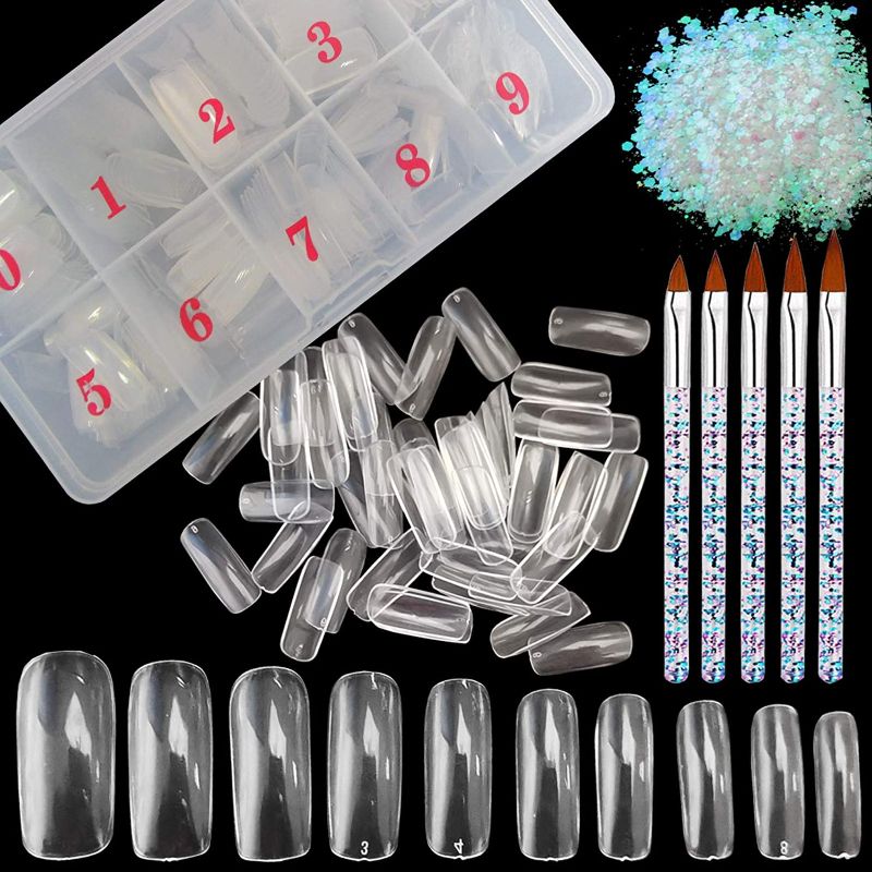 Photo 1 of 2 FULL PSCKS, 1 PARTIAL Acrylic Nail Art Kit 500pc Clear False Nail Tips Full Cover Square Artificial Nails 10 Size with Case, 5pc Gel Nail Builder Painting Brush, Iridescent Chunky Glitter Sequins
