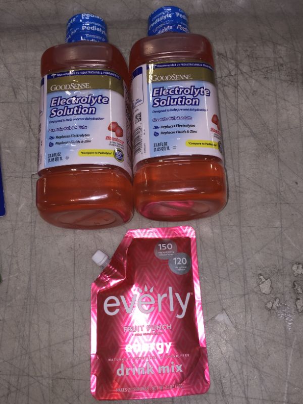 Photo 1 of 2  PACKS Good Sense GoodSense Pedia Electrolyte Liquid with Zinc and Strawberry, 33.8 Fluid Ounce 07/29/2022 AND EVERLY FRUIT PUNCH ENERGY DRINK MIX UNKNOWN EXPIRATION