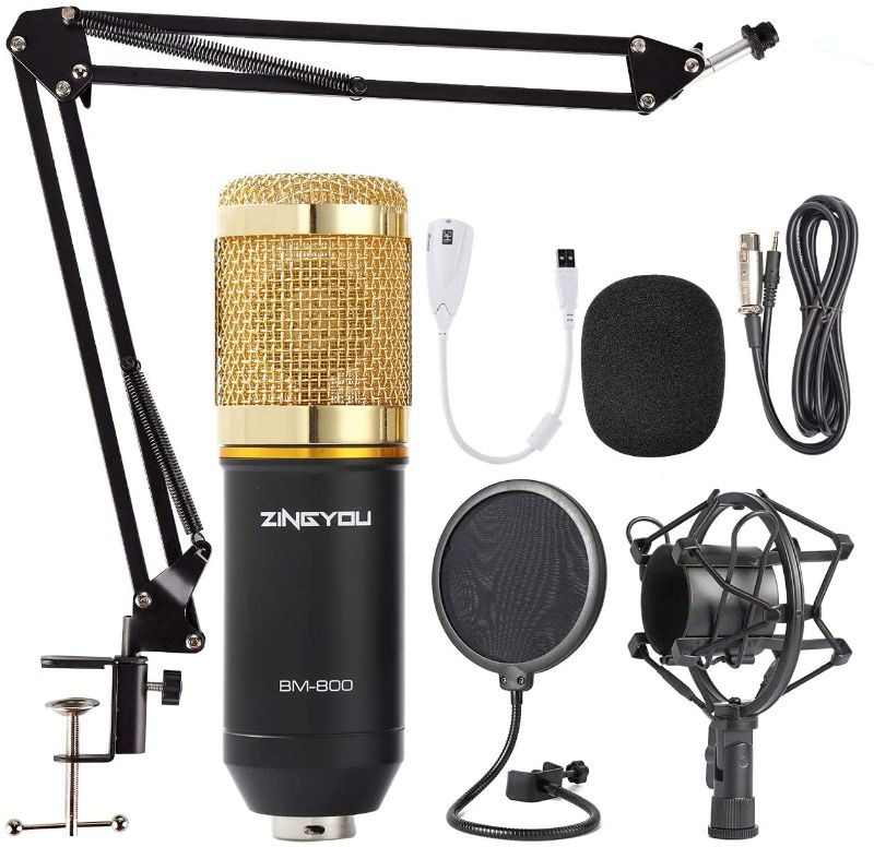 Photo 1 of Condenser Microphone Bundle, BM-800 Mic Kit with Adjustable Mic Suspension Scissor Arm, Metal Shock Mount and Double-Layer Pop Filter for Studio Recording & Broadcasting (Gold)