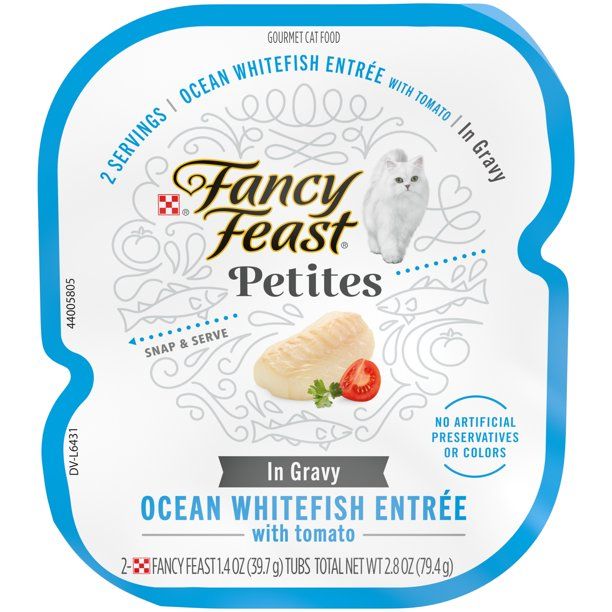 Photo 1 of (12 Pack) Fancy Feast Gourmet Gravy Wet Cat Food, Petites Ocean Whitefish With Tomato Entree, 2.8 oz. Tubs---BEST BEFORE DEC 2022---