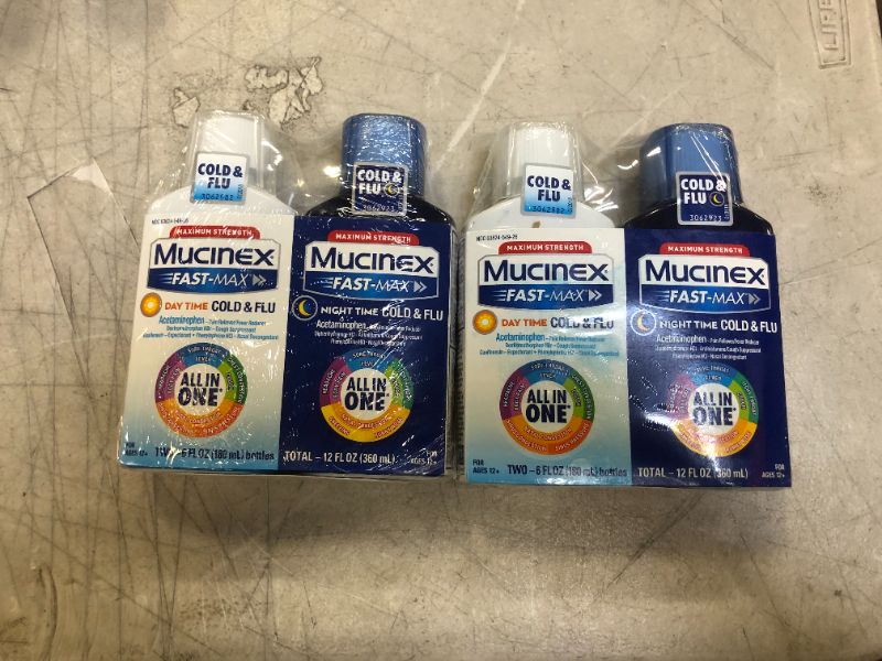 Photo 2 of ---SET OF 2---Mucinex Fast-Max Day Time Cold & Flu and Night Time Cold & Flu Liquid Medicine, Maximum Strength All in One Multi Symptom Relief for Congestion, Sore Throat, Headache, Cough and Reduces Fever, 12fl oz---EXPIRES 02/2022---