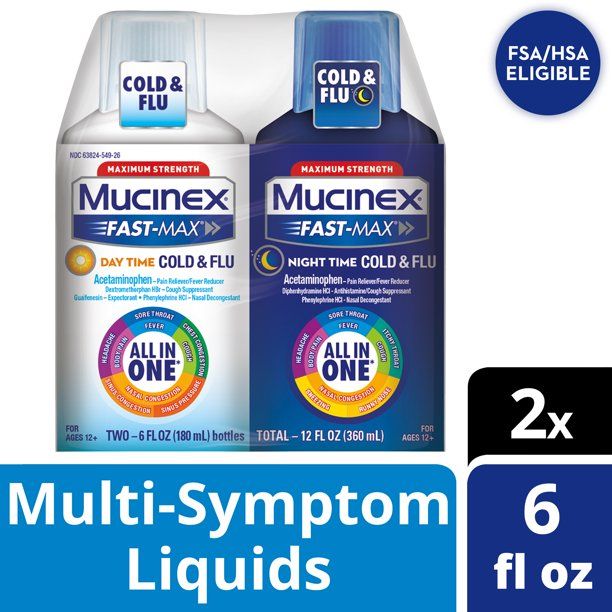 Photo 1 of ---SET OF 2---Mucinex Fast-Max Day Time Cold & Flu and Night Time Cold & Flu Liquid Medicine, Maximum Strength All in One Multi Symptom Relief for Congestion, Sore Throat, Headache, Cough and Reduces Fever, 12fl oz---EXPIRES 02/2022---