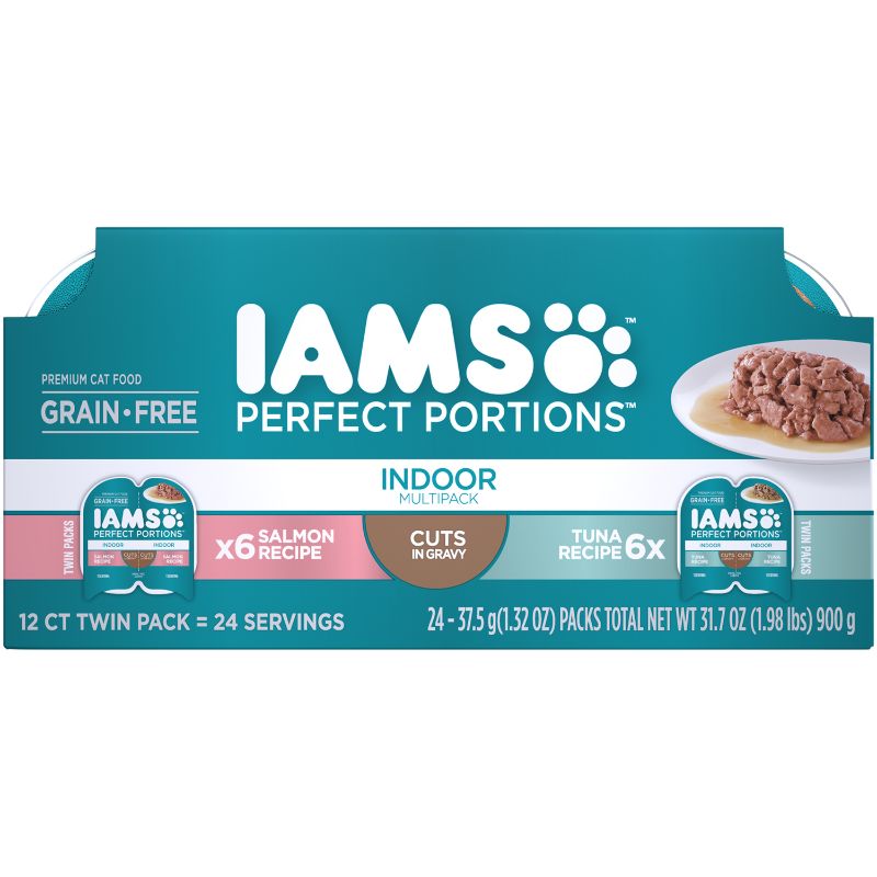 Photo 1 of (12 Pack - 24 Servings) IAMS PERFECT PORTIONS Adult Indoor Cat Grain Free Wet Cat Food Cuts in Gravy Tuna Recipe, Salmon Recipe Variety Pack, 2.6 oz. Easy Peel Twin-Pack Trays---BEST BEFORE 05/17/2023---