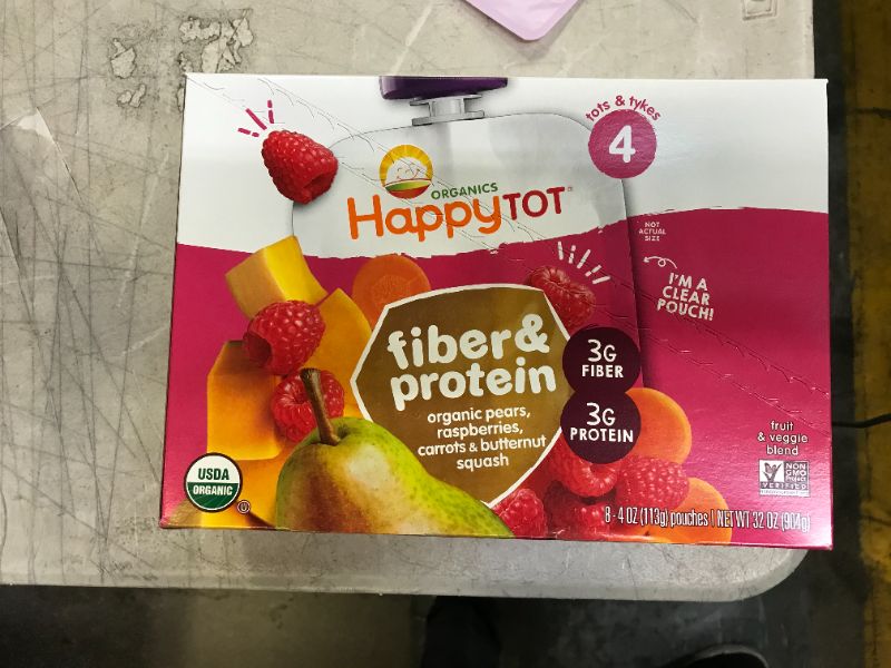 Photo 1 of Happy Tot Organics Fiber & Protein Stage 4, Pears, Raspberries, Butternut Squash & Carrots, 4 Ounce Pouch (Pack of 8) Exp Aug 25.22
