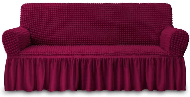 Photo 1 of  Sofa Slipcover Red Sofa Cover 1 Piece Easy Fitted Sofa Couch Cover Universal High Stretch Durable Furniture Protector with Skirt Country Style (3 Seater Wine Red)