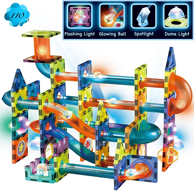 Photo 1 of Glowing Magnetic Tiles Marble Run Race Track Super Set - 110 Complete Pieces Glow in The Dark STEM Light Magnetic Building Blocks Gravity Marble Maze Games for Toddlers Kids Boys Girls Ages 3+ Years
