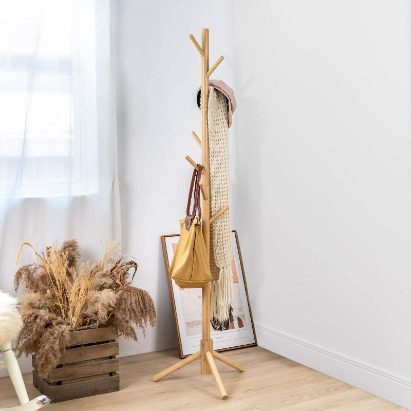 Photo 1 of BedStory Coat Rack Freestanding Stand 8 Hooks, Bamboo Clothes Rack 3 Adjustable Sizes Hall Coat Tree with Sturdy Base, Easy Assemble Coat Hanger for Entryway, Hallway, Bedroom, Office - Burlywood
