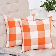 Photo 1 of AGUADAN PLAID THROW PILLOW COVERS ORANGE AND WHITE BUFALLO CHECK-20"X20"