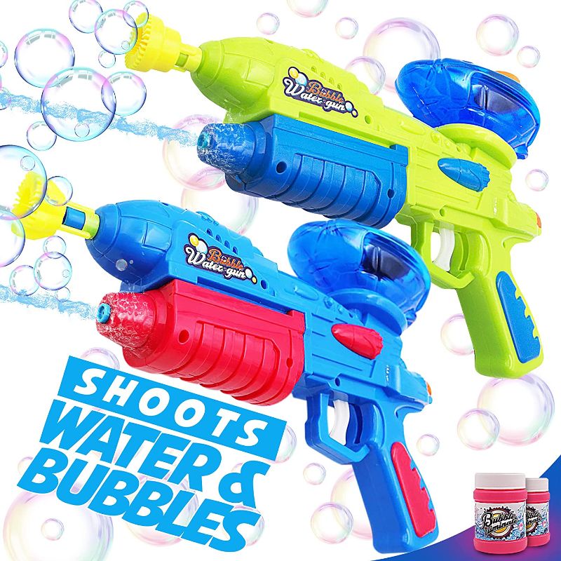 Photo 1 of (2 Pack) Bubble Gun & Water Gun for Kids, Boys, Girls – Water & Bubble Maker, Blaster & Blower Machine for Outdoor Activities Camping Pool Party – Soaker Squirt Gun Toys Gift for Age 4, 5, 6, 7, 8, 9…
