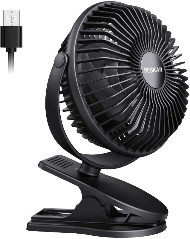 Photo 1 of BESKAR 6 Inch Clip on Fan, 3 Speeds Small Fan with Strong Airflow, Clip & Desk Fan USB Plug in with Sturdy Clamp - Ultra Quiet operation for Office Dorm Bedroom Stroller
