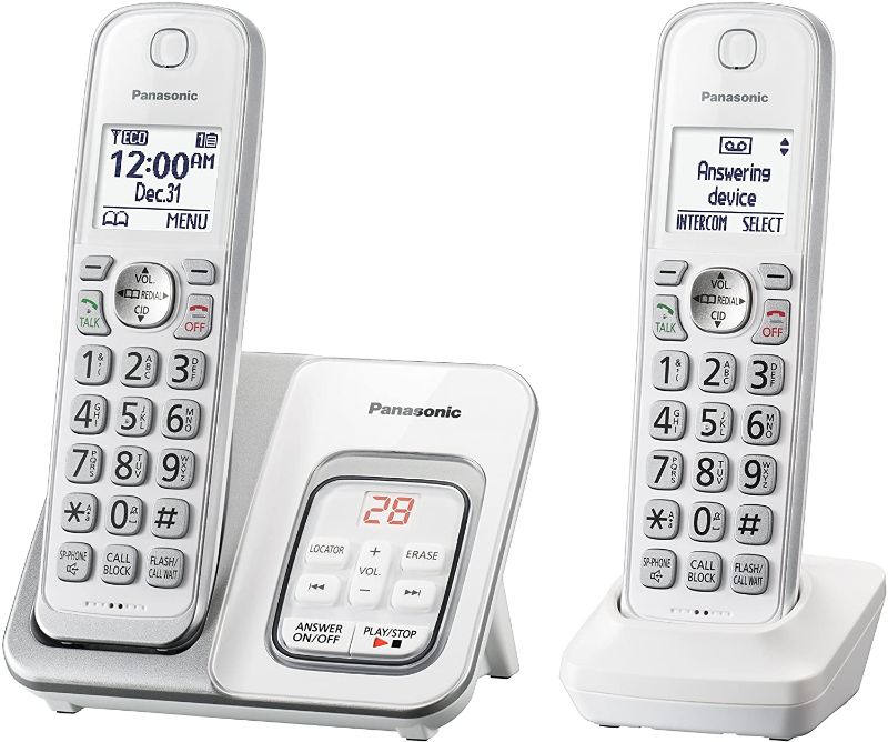 Photo 1 of Panasonic DECT 6.0 Expandable Cordless Phone with Answering Machine and Smart Call Block - 2 Cordless Handsets - KX-TGD532W (White/Silver)
