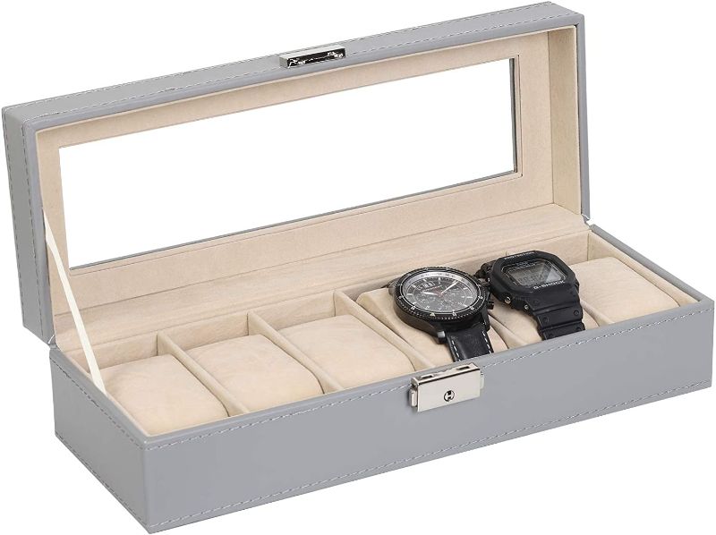 Photo 1 of  6-Slot Watch Box, Glass Topped Watch Display Storage Case as Gift, with Velvet Lining, Cushions, and Lock