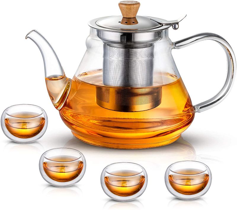 Photo 1 of 1000ml/33oz Glass Teapot with Extra Double Wall cups, Removable Stainless Steel Infuser, Borosilicate Glass Tea Kettle, Blooming & Loose Leaf Teapots