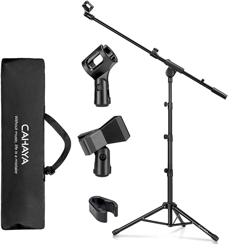 Photo 1 of CAHAYA Microphone Stand Boom Arm Floor Mic Stands Tripod Foldable with 2 Mic Clip for Performance Singing Speech Wedding Stage and Outdoor
