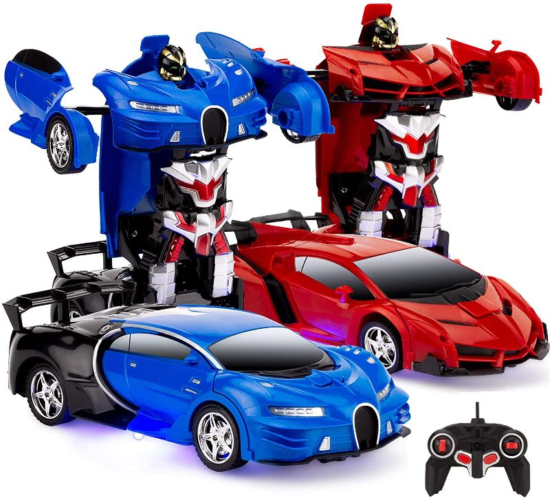 Photo 1 of Best Choice Products Set of 2 1/18 Scale Interactive RC Remote Control Transforming Drifting Robot Sports Car Action Figure Toys w/ 1 Button Transformation, Light and Sounds
