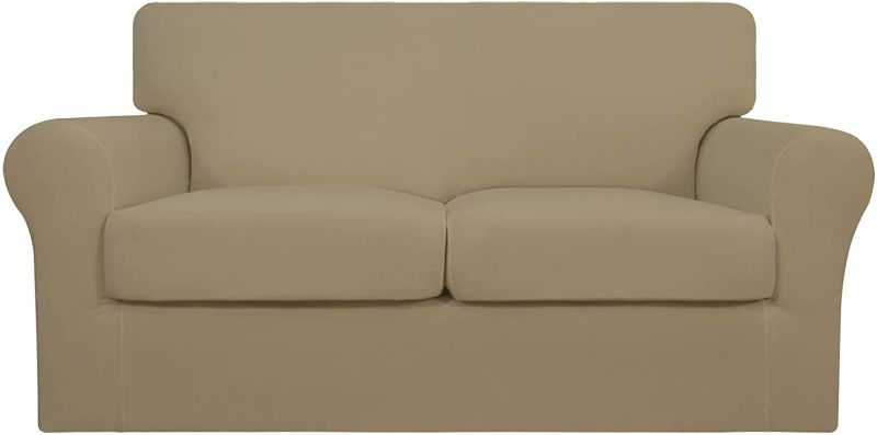 Photo 1 of  3 Pieces Stretch Soft Couch Cover for Dogs - Washable Sofa Slipcover for 2 Separate Cushion Couch - Elastic Furniture Protector for Kids( Loveseat,Tan)
