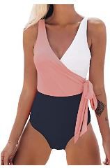 Photo 1 of  Women's One Piece Swimsuit Wrap Color Block Tie Side Bathing Suit
