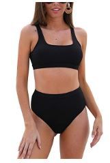 Photo 1 of Blooming Jelly Womens High Waisted Bikini Set Scoop Neck Sporty Tank Crop Top Cheeky Two Piece Swimsuits
