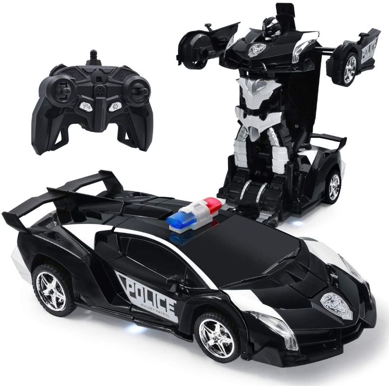 Photo 1 of Electric Police Car One Button Transformation Robot Deformation Car Model Toy 360 Speed Drifting 1:18 Scale with Lights and Sounds Best Birthday and Xmas Gift Deformation Toys for Kid (Black)
