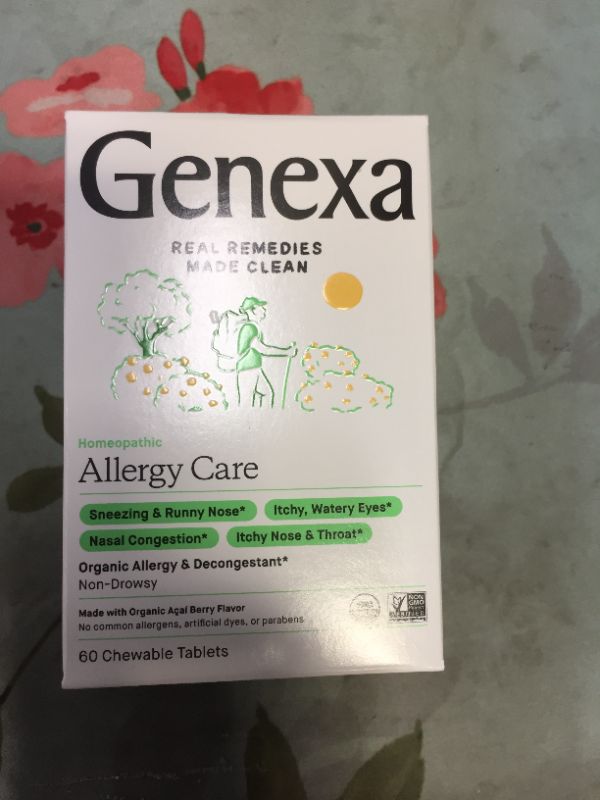 Photo 2 of Genexa Allergy Care - 60 Tablets - Multi-Symptom Allergy Medication - Certified Vegan, Organic, Gluten Free & Non-GMO - Homeopathic Remedies EXP 5/2024
 