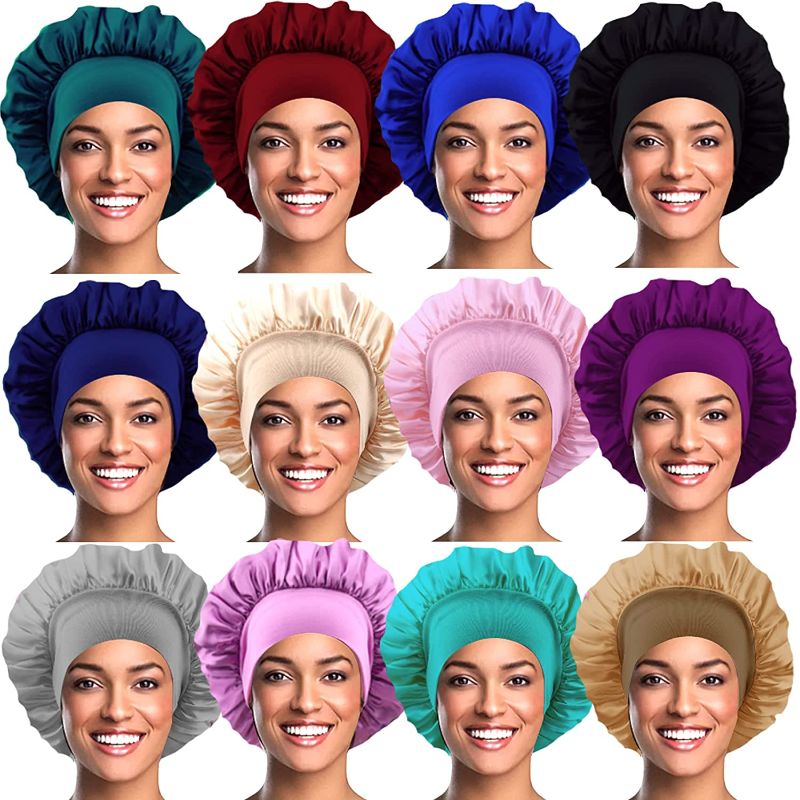 Photo 1 of 12 Packs Satin Bonnet Sleep Cap for Women Wide Elastic Band Satin Bonnet Hat Large Soft Night Sleeping Cap Head Cover Satin Cap Sleeping Hair Bonnet for Women Long Curly Natural Hair Braids
