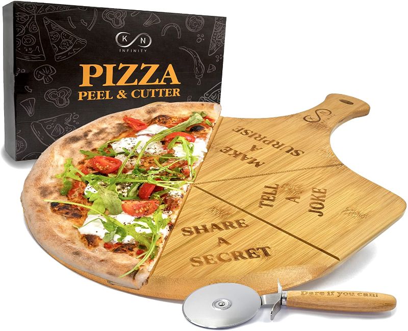 Photo 1 of KN Infinity Bamboo Pizza Peel 12 inch - Premium Wooden Pizza Peel Paddle - Pizza Cutting Board with Grooves and Handle for Homemade Pizza, Pizza Spatula Paddle & Cutter Set
