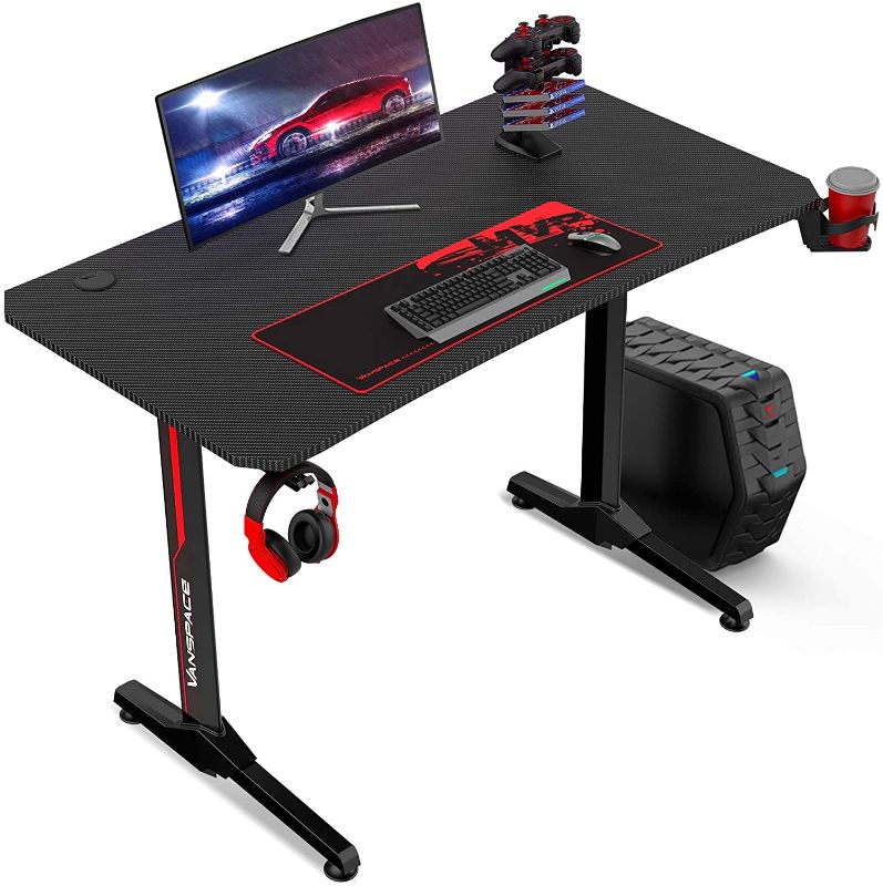 Photo 1 of VANSPACE 44 Inch Ergonomic Gaming Desk with Gaming Mouse Pad, T-Shaped Office Desk PC Computer Desk, Gaming Table Gamer Workstation with Gaming Handle Rack, Cup Holder & Headphone Hook, Cable Manage
