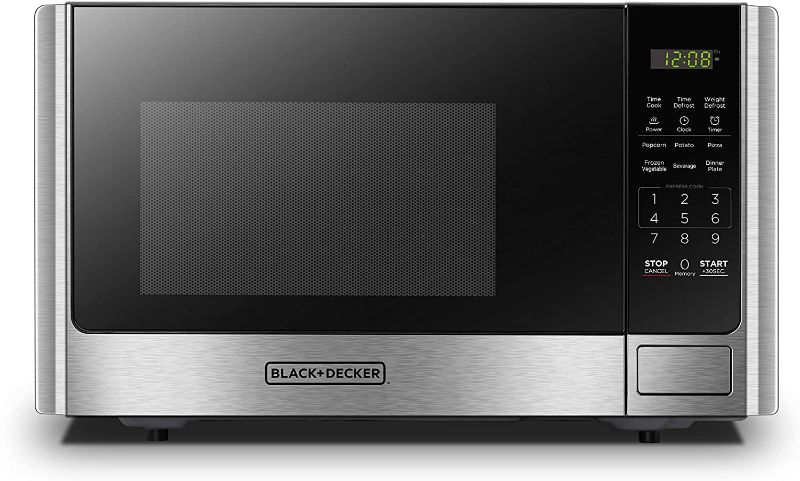 Photo 1 of BLACK+DECKER Digital Microwave Oven with Turntable Push-Button Door, Child Safety Lock, Stainless Steel, 0.9 Cu.ft
