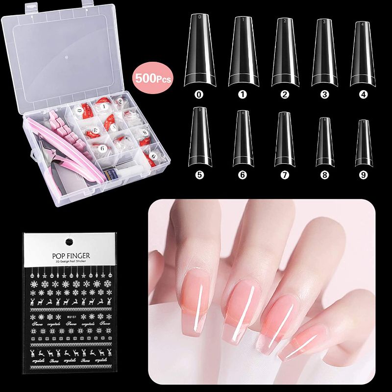 Photo 2 of Inmorven Clear Acrylic Nail Tips,500pcs False Nails With Glue Press on Nail Acrylic Nail Kit,10 Sizes Half Cover French False Nail With Case, 6 extra set gift.
