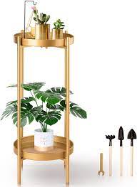 Photo 1 of Amasava Tall Plant Stand Gold Plant Stand Metal Flower Stand 20'' Pot Stand Corner Rack with 2 Removable Trays Planter Display for Indoor Home Decoration
