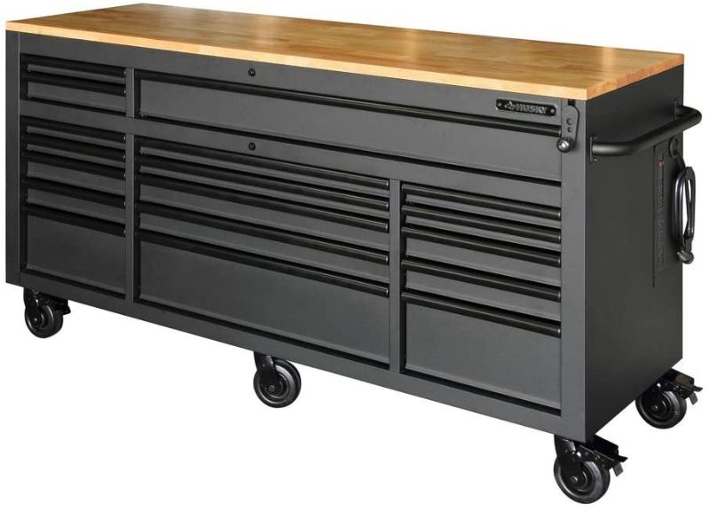 Photo 1 of Husky 72 in. 18-Drawer Mobile Workbench with Adjustable-Height Solid Wood Top, Matte Black
