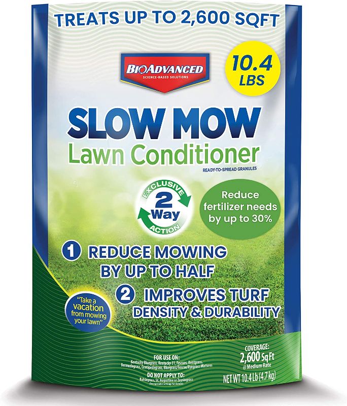 Photo 1 of BIOADVANCED 712000A Slow Conditioner, Eco Friendly Green Grass Lawn Spray, Reduces Mowing Frequency, 10.4-Pound, Ready-to-Spread Granules
