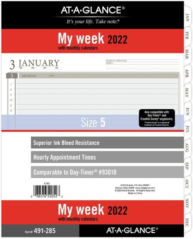 Photo 2 of 2022 Weekly Planner Refill by AT-A-GLANCE, 93010 Day-Timer, 8-1/2" x 11", Size 5, Folio Size, Loose-Leaf (491-285) 3 pack
