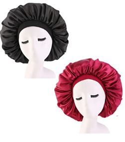 Photo 1 of 2 PCS Satin Silk Bonnet Sleep Cap Extra Large Jumbo Day and Night Cap Hat Salon Bonnet Head Hair Covers Chemo Caps with Elastic Wide Band for Black Women Long Curly Natural Hair Braids
