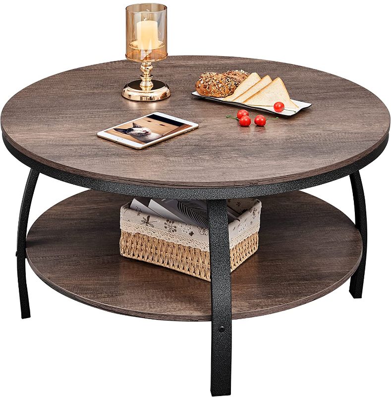 Photo 1 of GreenForest Round Coffee Table 35.4 inch Large Size Industrial Style Sofa Table Cocktail Table Metal Legs with 2-Tier Storage Open Shelf for Living Room, Easy Assembly, Rustic Walnut
