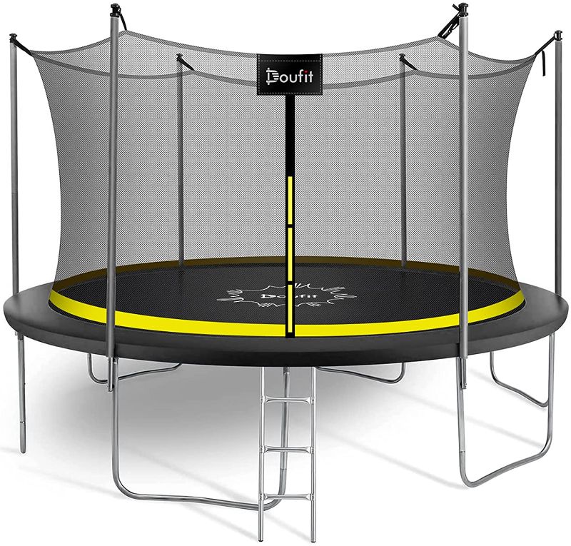 Photo 1 of 8FT 10FT 12FT 15FT Trampoline with Enclosure Net and Ladder, Doufit Outdoor Recreational Trampoline for Kids and Adults, ASTM Approved Safety Backyard Jump Foot Trampoline with Wind Stakes
